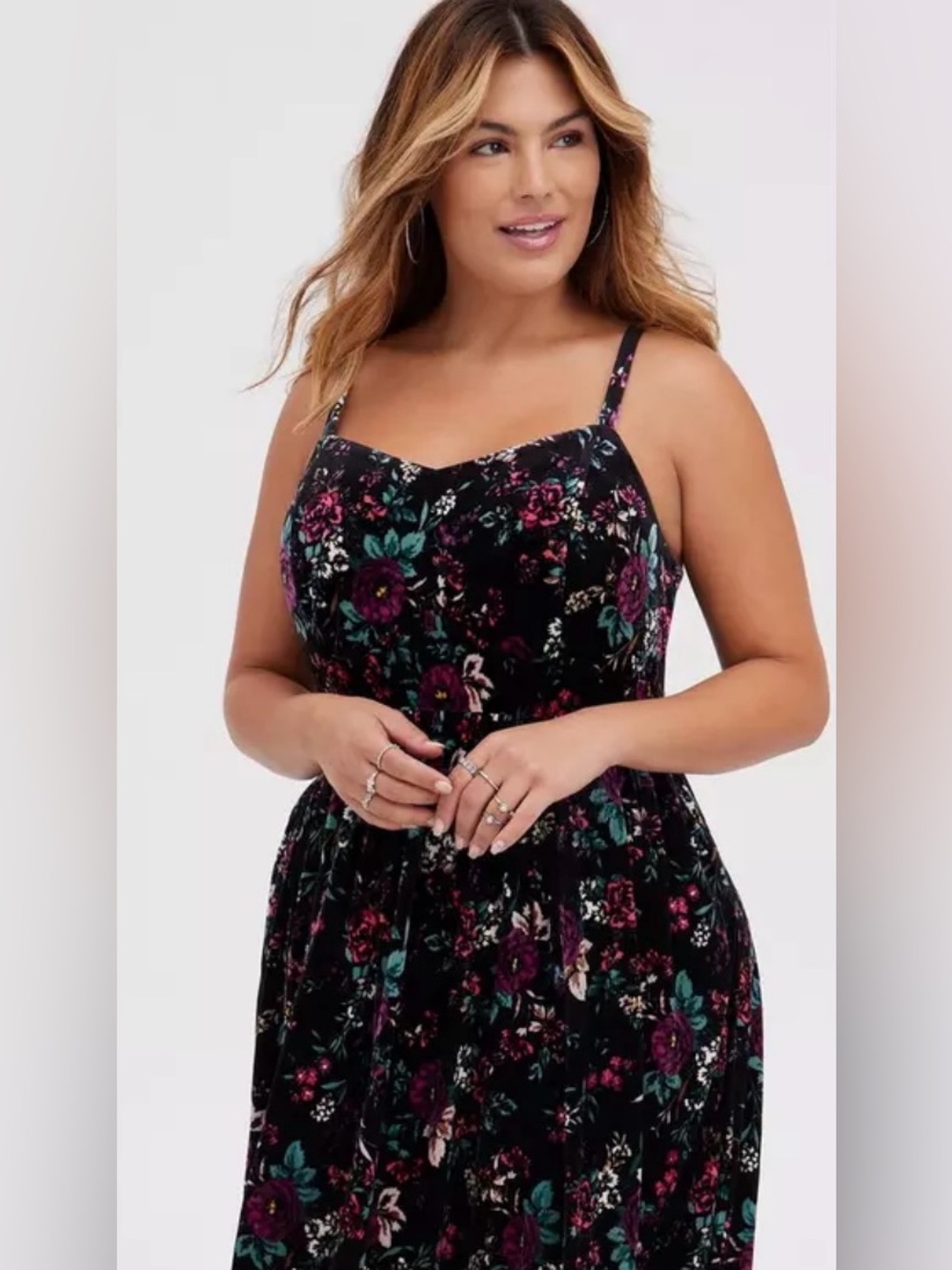 torrid Black Floral Midi Dress with Pink and Green Accents